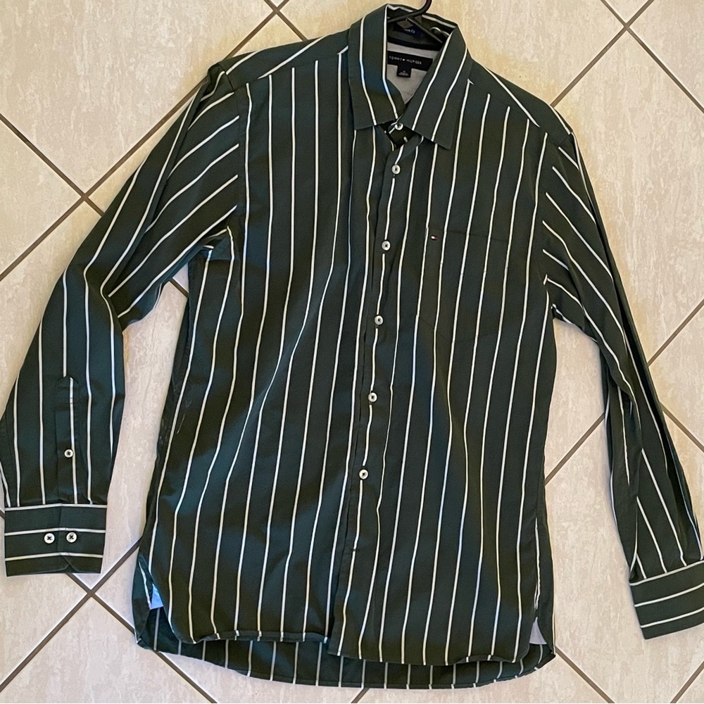 Tommy Hilfiger Men’s Forest Green & White Vertical Stripe Long Sleeve